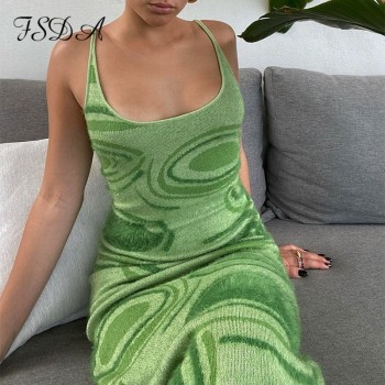 Print Knit Bodycon Dress Women Green Y2K Summer Hollow Out Sexy Sleeveless Spaghetti Strap Beach Midi Dresses 